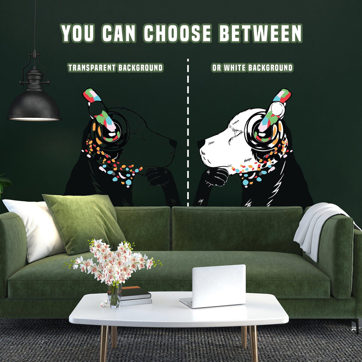 Dog in headphones wall decal options on a stylish living room wall with green background.
