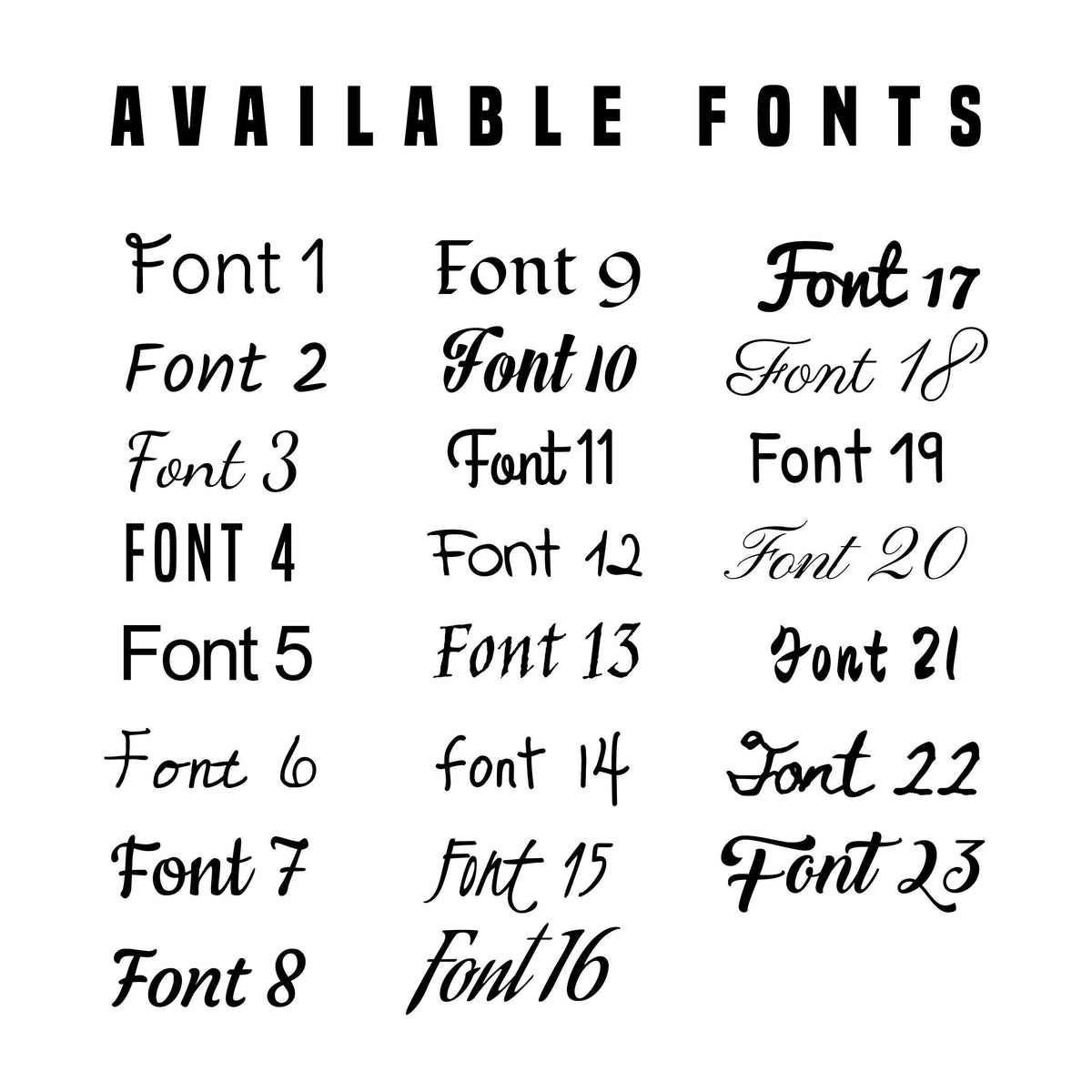 List of available fonts for customizable canvas artwork, including 23 different font styles.