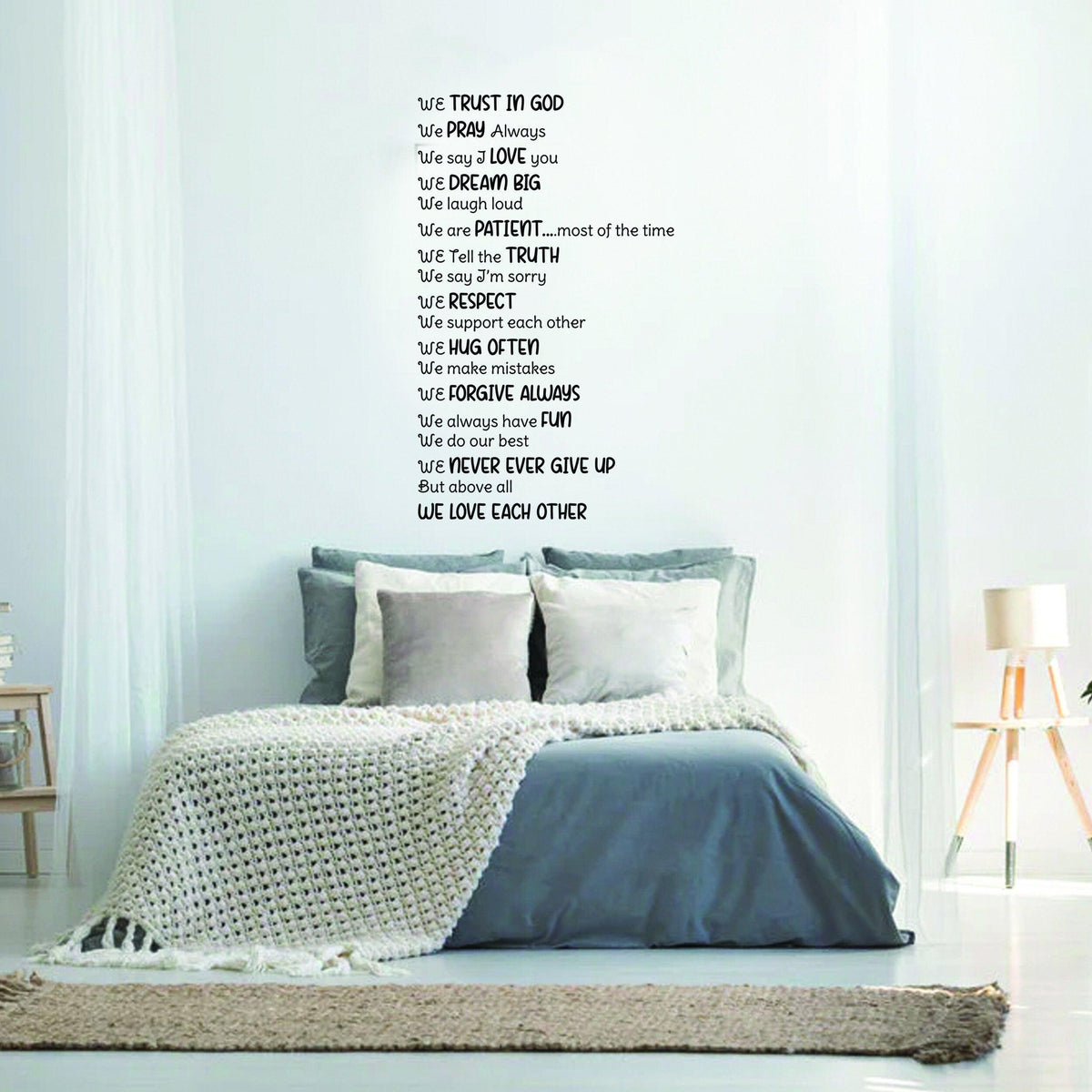 Inspirational Christian wall vinyl sticker with uplifting Bible quotes in a cozy bedroom setting.