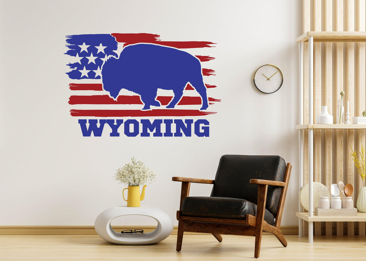 Stylish Wyoming state wall decal with bison and American flag design, adding rustic charm to interior decor.