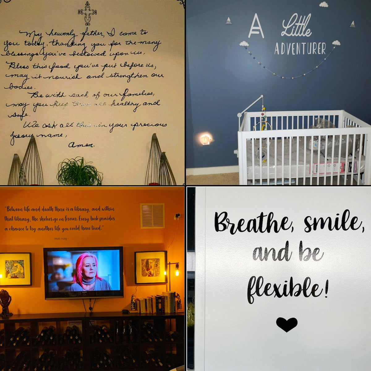 Collage of inspirational wall quotes and nursery decor featuring Bible verses and motivational sayings.