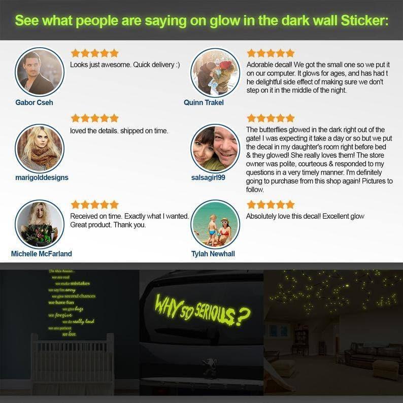 Customer reviews for glow-in-the-dark wall stickers showcasing satisfaction and product features.