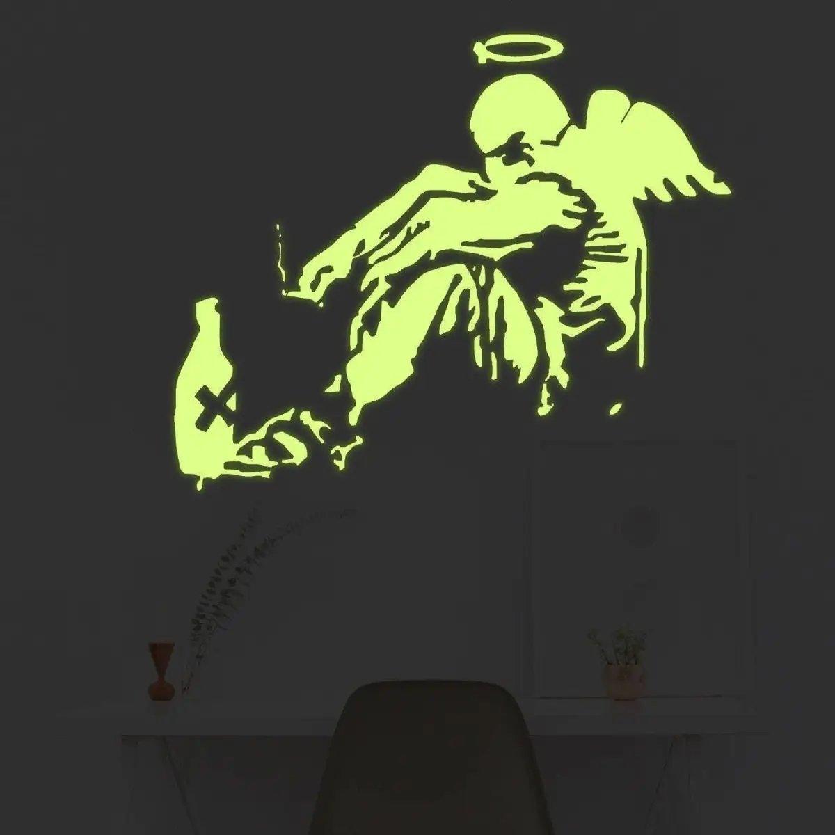 Glowing guardian angel wall sticker decal, luminescent spiritual art for home decor.