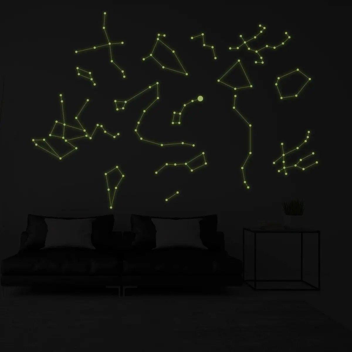 Glow-in-the-dark starry sky ceiling decal featuring luminous constellation stickers on a dark wall.