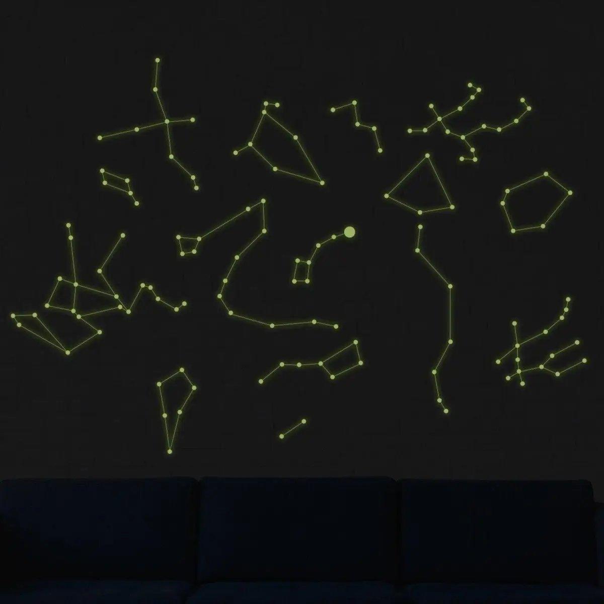 Luminous constellation wall decals glowing against a dark background.