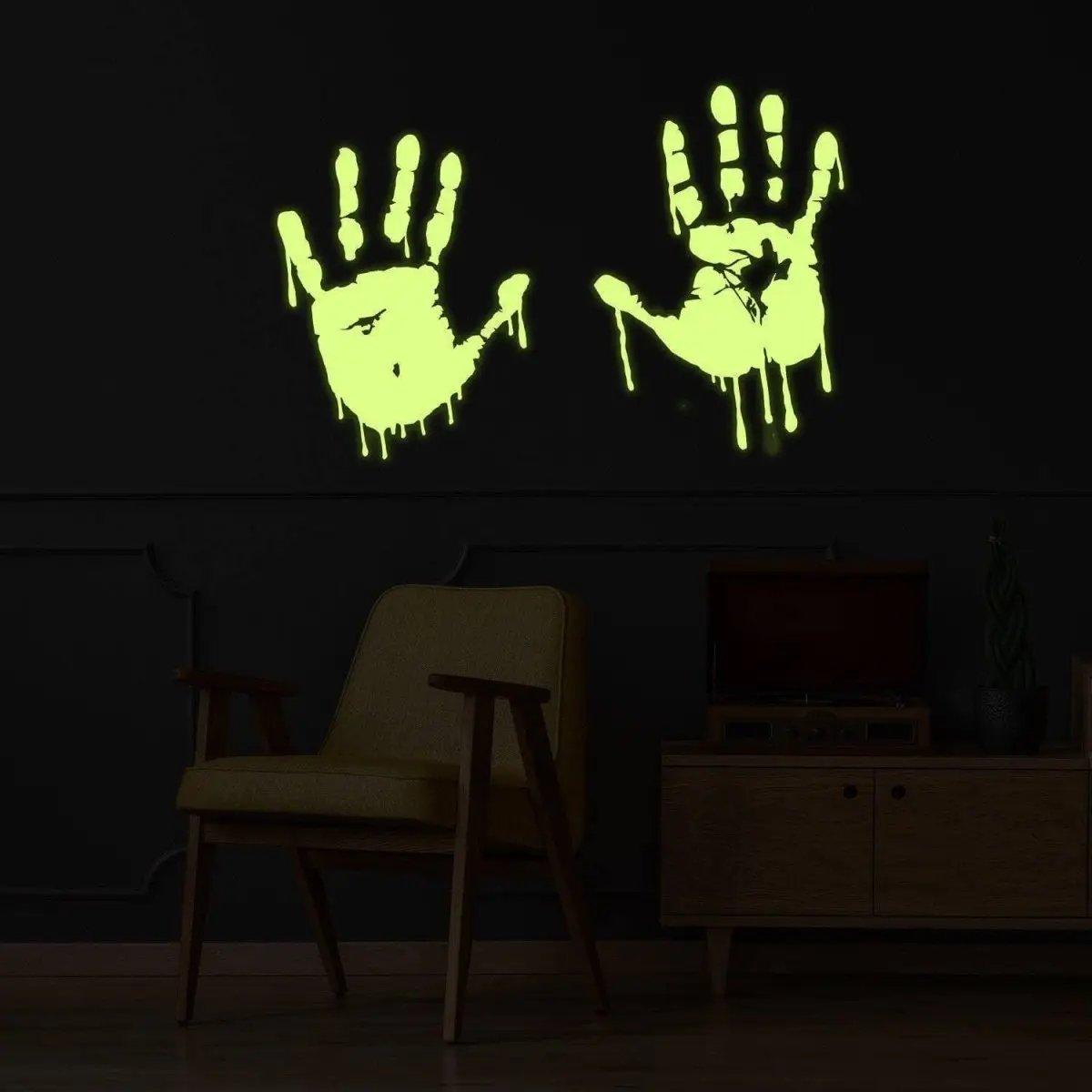 Luminous zombie blood wall decal featuring glowing bloody hands on a dark wall.