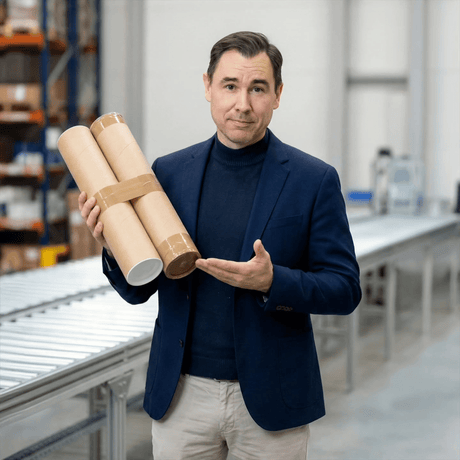 A man holding two cardboard mailing tubes taped together beside a roller conveyor.