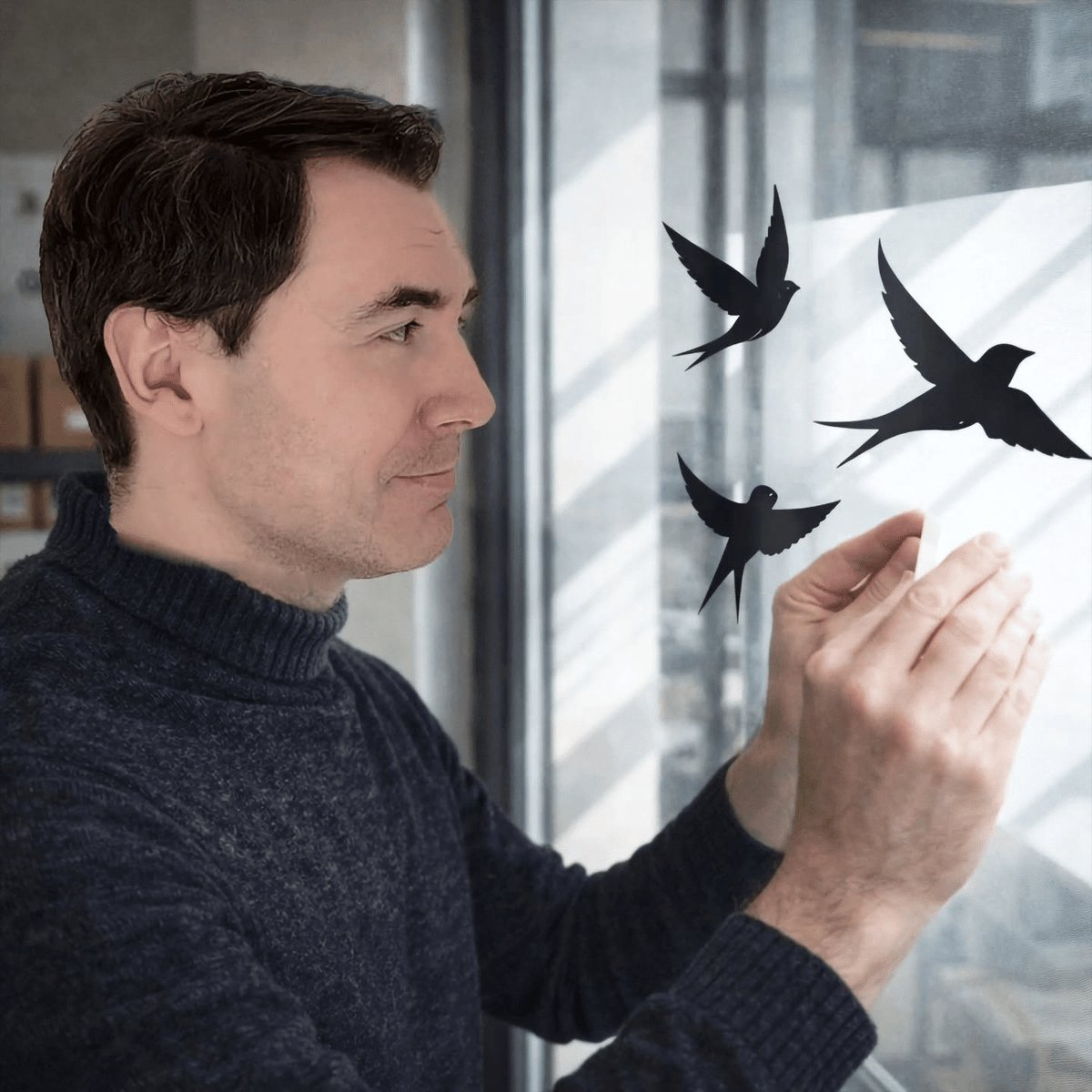 A man applying black flying bird window decals to glass.