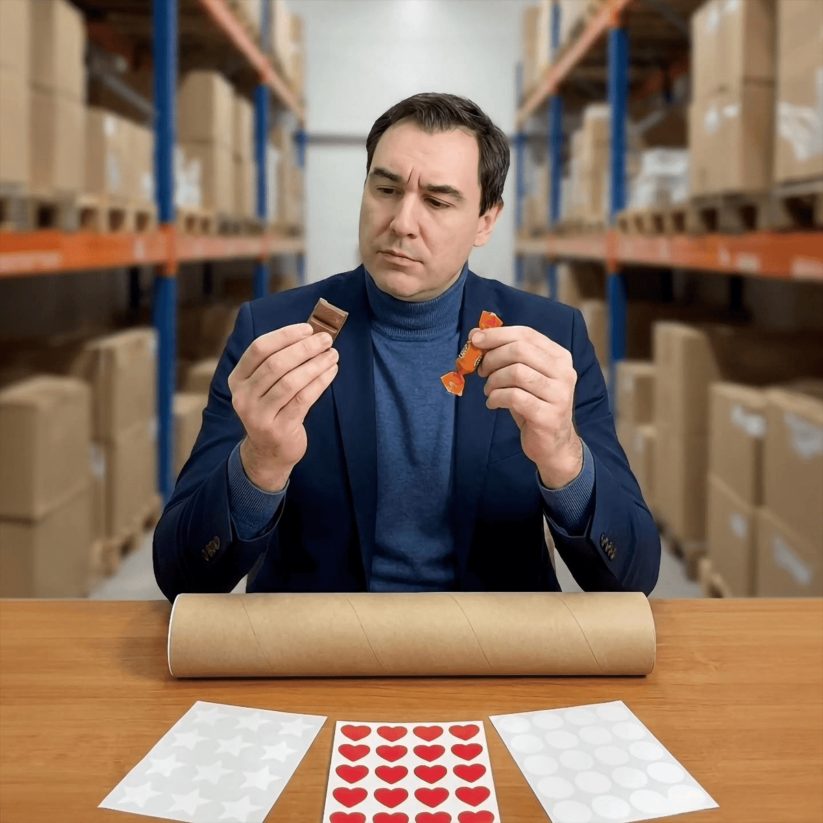 A man holds chocolate and a wrapped sweet behind a table with a cardboard mailing tube and sheets of star, circle and heart stickers.
