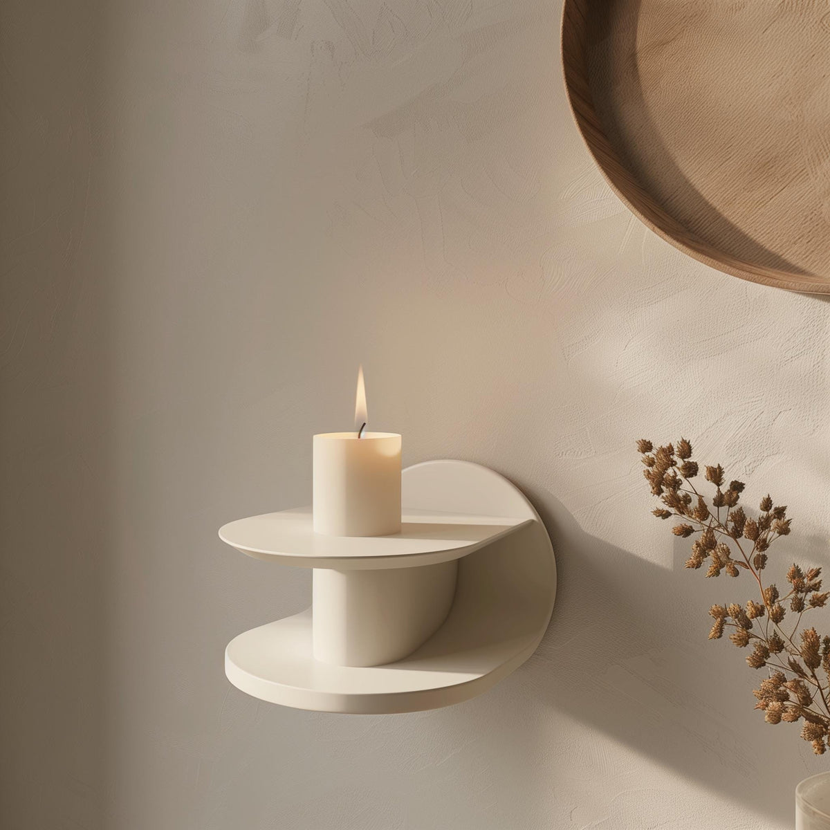 Cream 3D printed geometric frame wall shelf with circular sculptural form