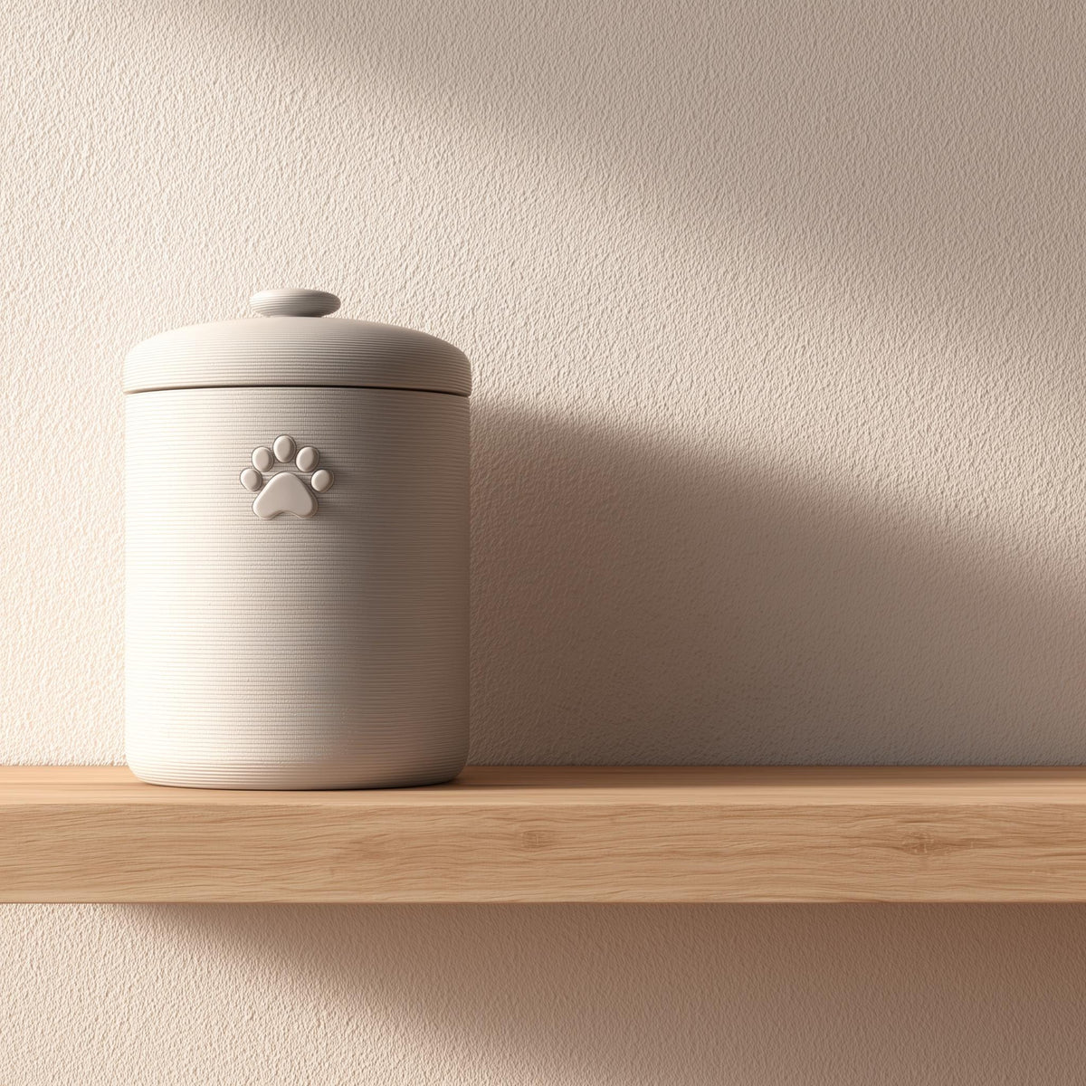 Minimalist 3D printed pet memorial urn with paw print detail