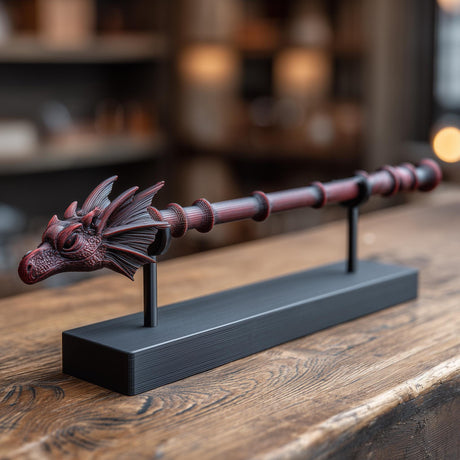 3D printed dragon head magic wand with black display stand