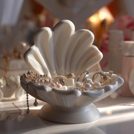 3D printed seashell jewelry organizer with ring dish and upright shell holder