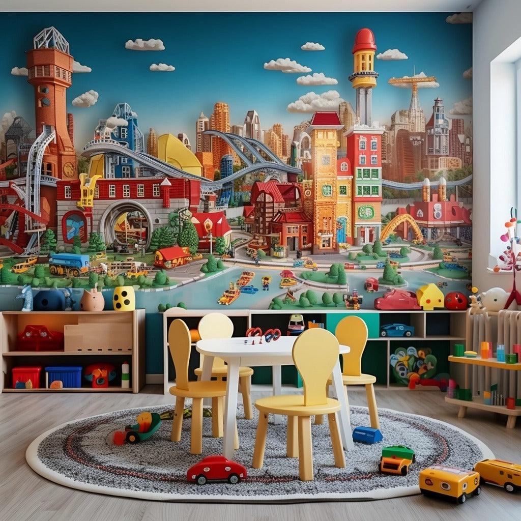 Colorful toy city mural wallpaper in a playroom with yellow chairs and a round rug.