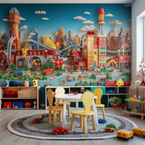 Colorful toy city mural wallpaper in a playroom with yellow chairs and a round rug.