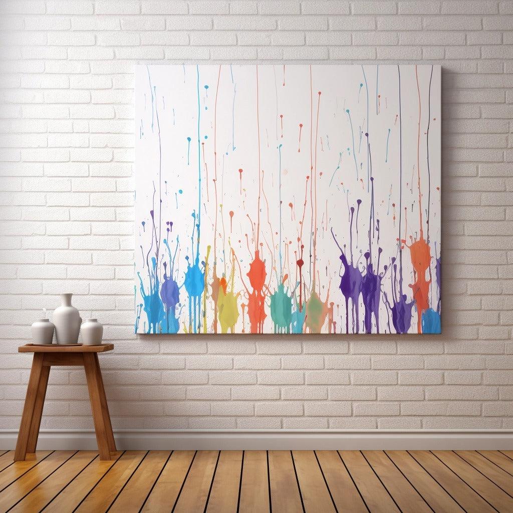Colorful abstract drip painting on canvas, hanging over a wooden table with vases in a modern home decor setting.