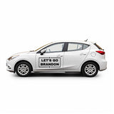 White car with Let's Go Brandon vinyl decal, showcasing political support for the 2024 election.