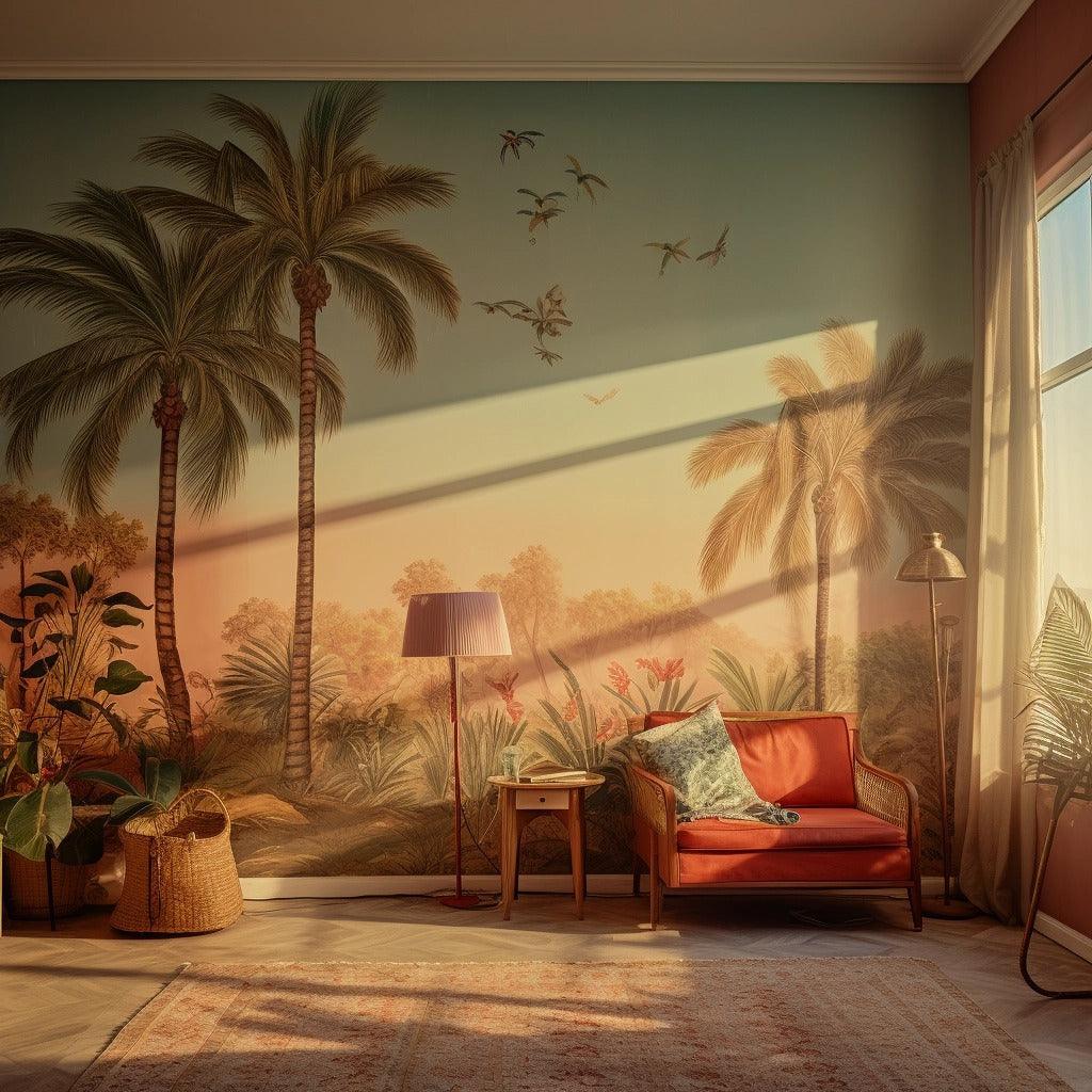 Custom wallpaper wall sticker featuring palm trees and a serene landscape in a stylish living room.