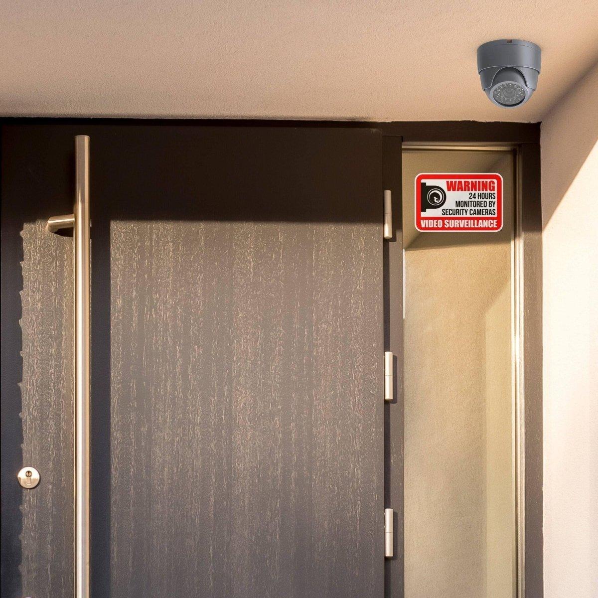 Entrance door with video surveillance sign and camera to enhance home security.