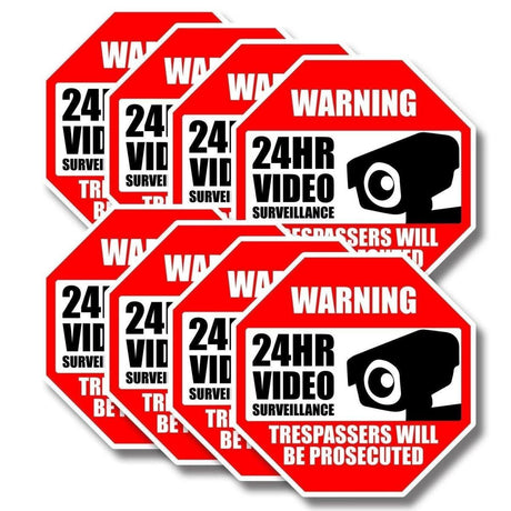 10-pack of video surveillance warning signs stating '24HR Video Surveillance - Trespassers Will Be Prosecuted'.