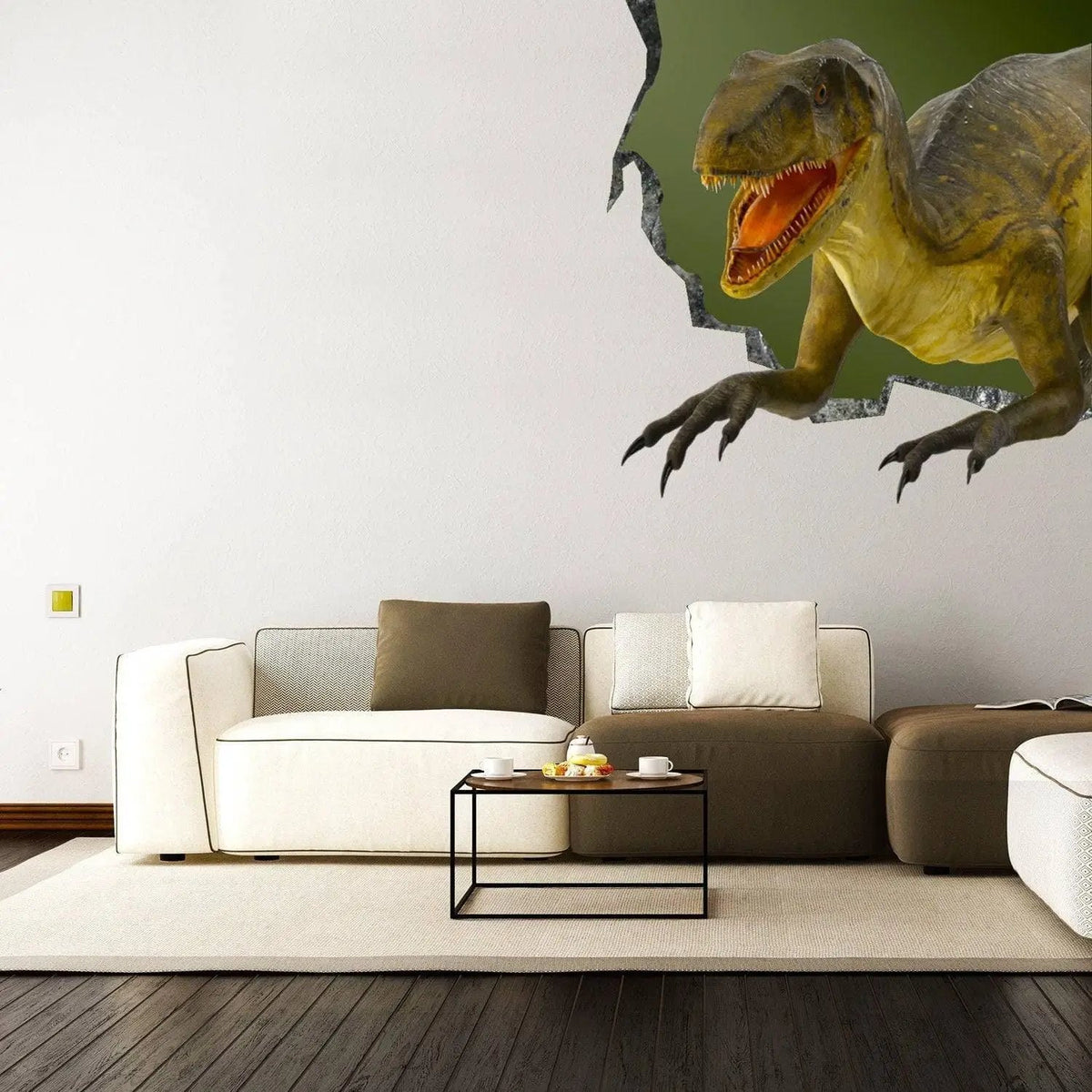 Roaring dinosaur wall porthole decal with a broken-wall illusion