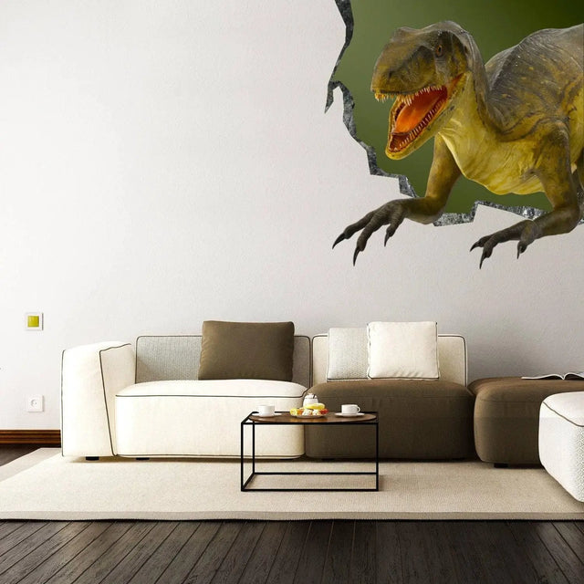 Roaring dinosaur wall porthole decal with a broken-wall illusion