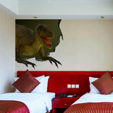 3D dinosaur wall decal in a hotel room, creating a prehistoric mural effect.