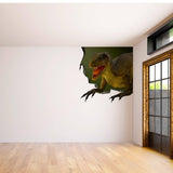 3D dinosaur wall decal showing a T-Rex emerging from a cracked wall.