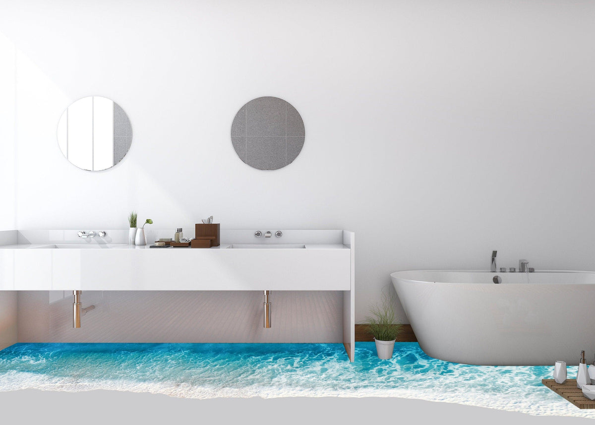 Modern bathroom with 3D ocean paradise wall decal, featuring a bathtub and a stylish vanity.