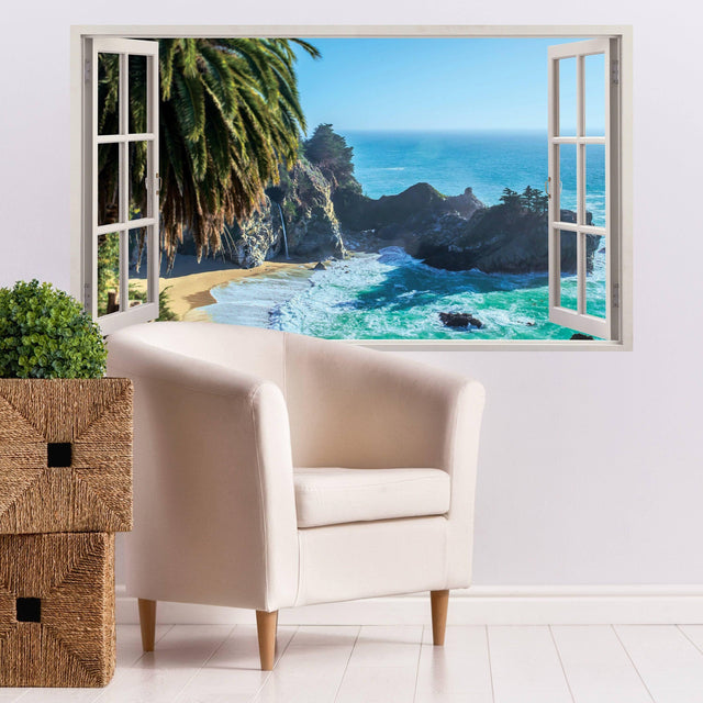 Tropical beach window wall decal with an ocean view illusion