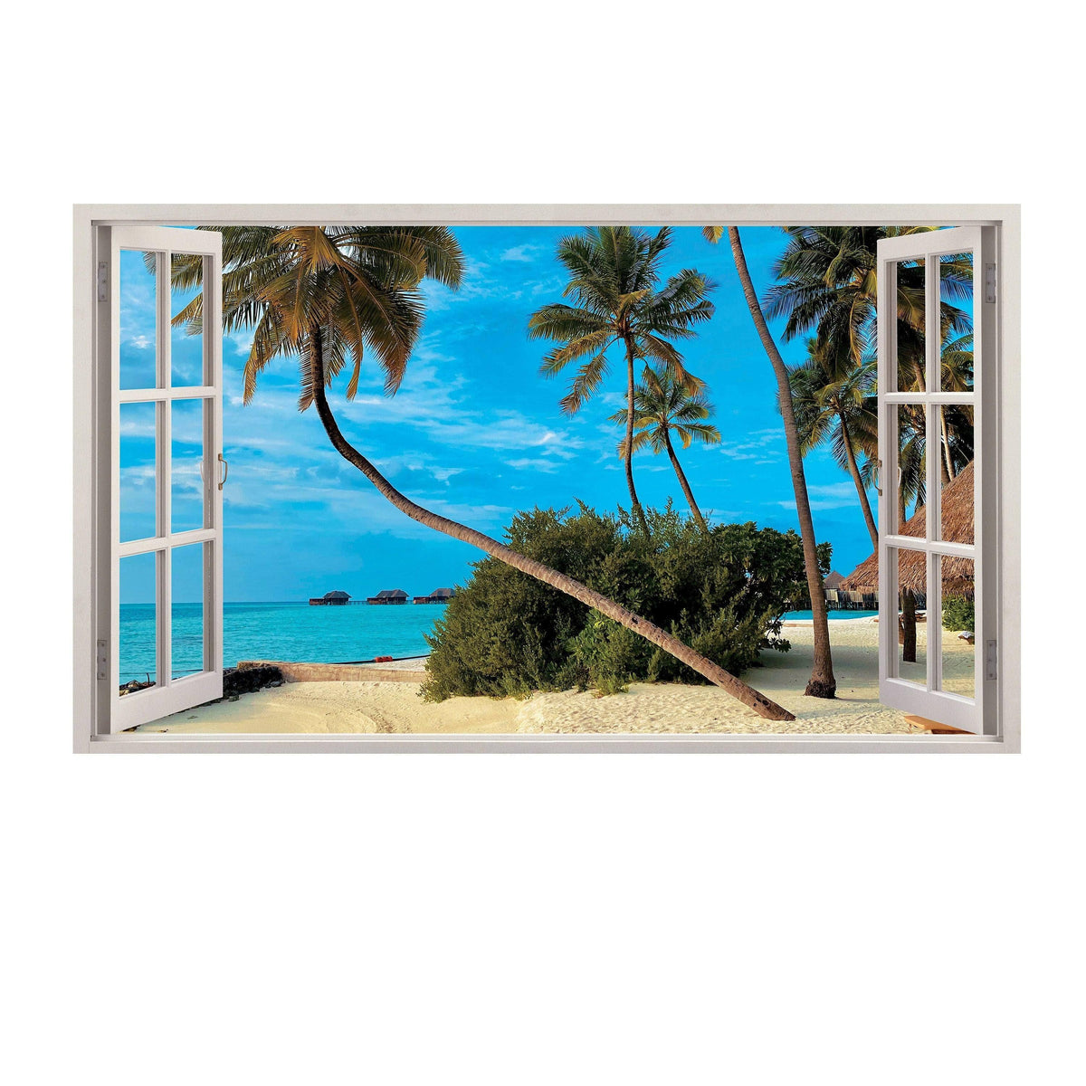 3D tropical paradise window sticker featuring a beach view with palm trees and blue ocean.