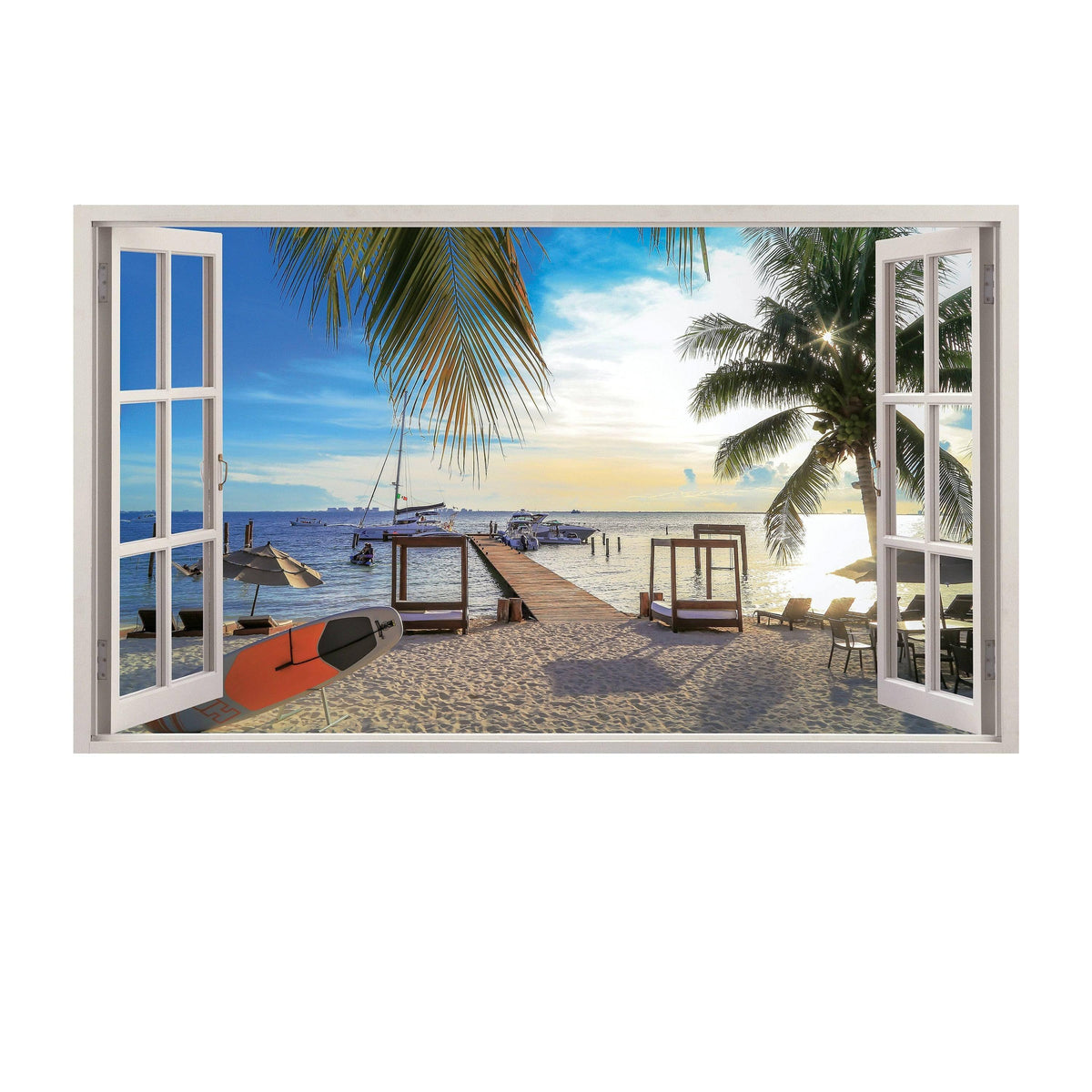 3D beach view wall sticker with open windows, vibrant ocean scene, transforming any room into a tranquil paradise.