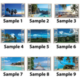 Tropical paradise wall sticker samples showcasing various beach views through open windows.