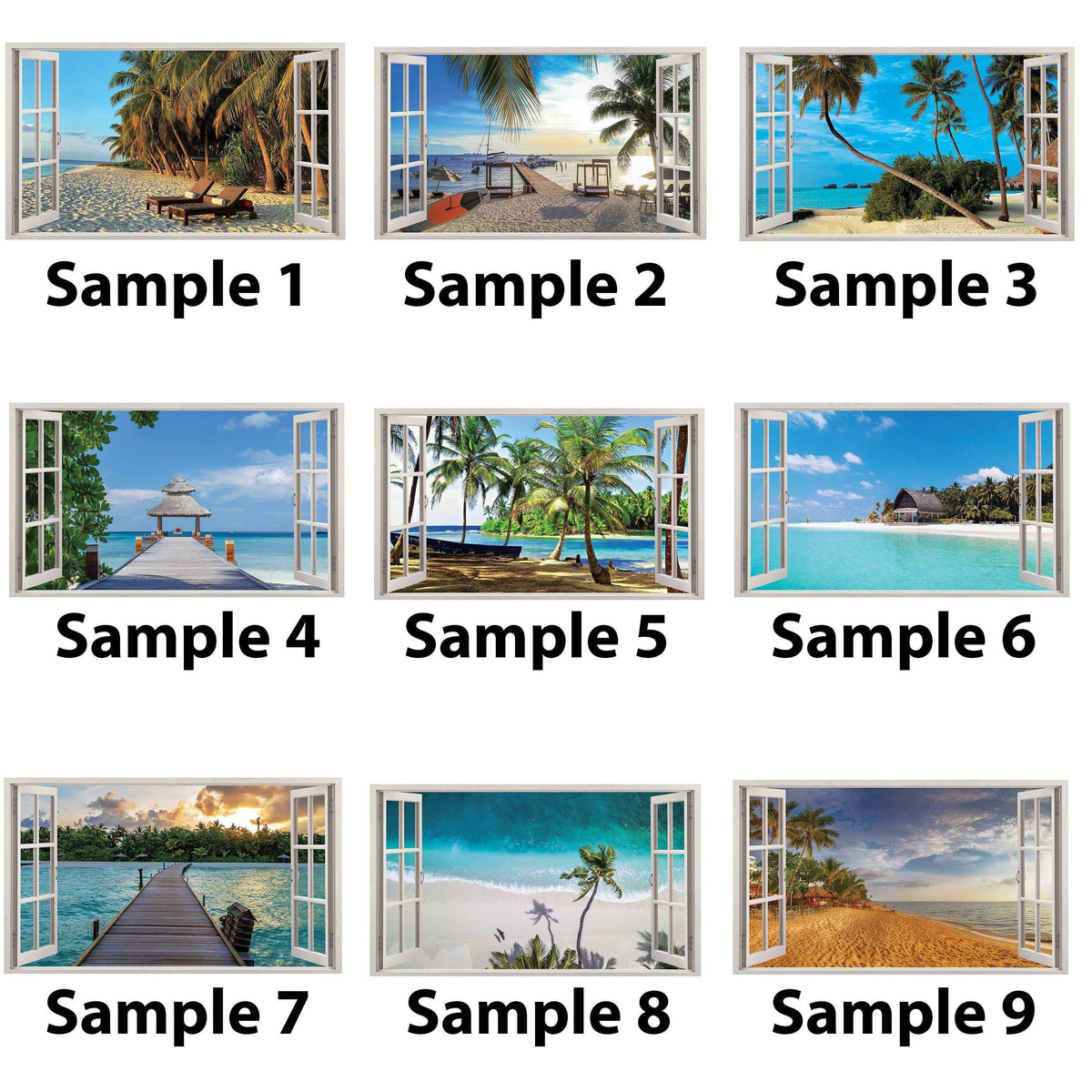 Collage of Tropical Paradise Window Stickers featuring beach views and palm trees for decorative home accents.