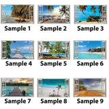 Collection of 3D tropical beach view wall decals showcasing vibrant scenery and stunning window frames.