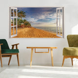 Relaxing beach view 3D wall decal featuring window frame and sandy shore, enhancing room decor.