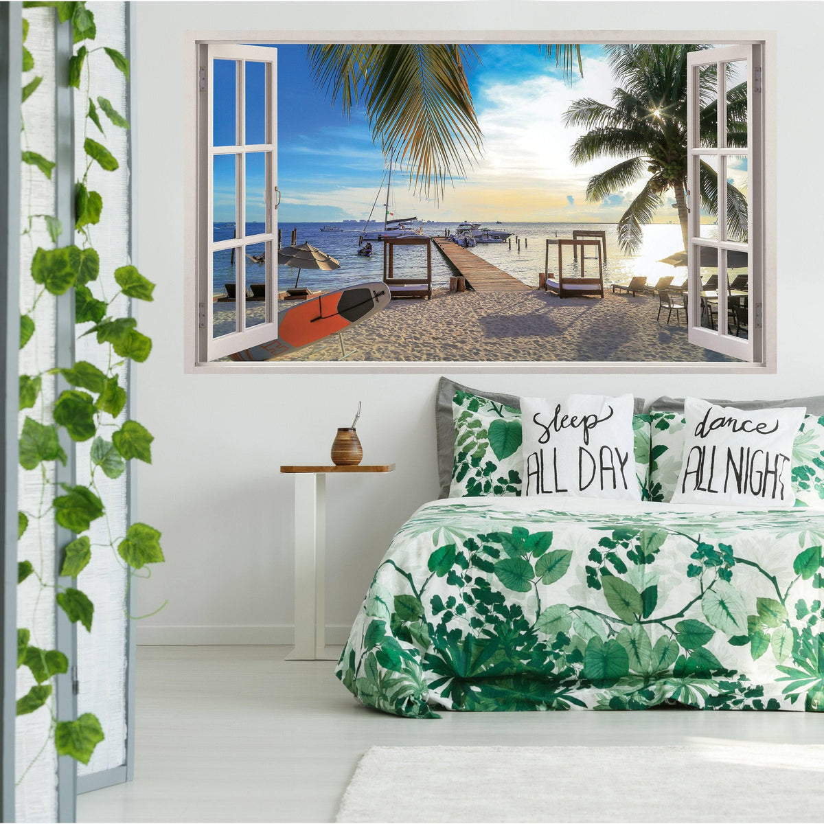 3D beach view wall sticker in a serene bedroom, transforming the room into a tranquil paradise with vibrant colors.