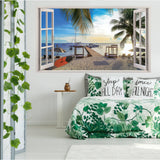3D beach view wall sticker in a serene bedroom, transforming the room into a tranquil paradise with vibrant colors.