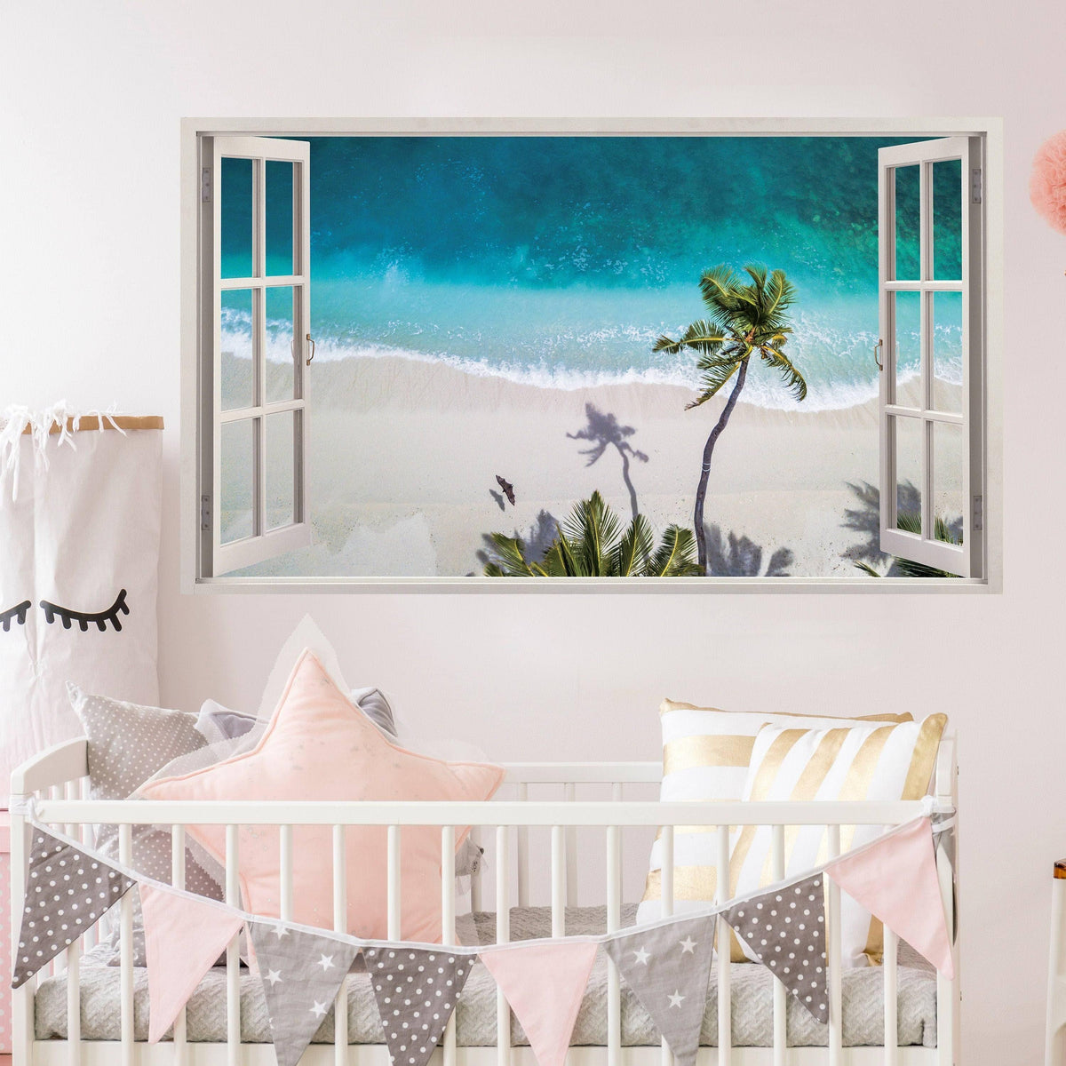Tropical paradise window sticker featuring a beach view with palm trees and turquoise water.