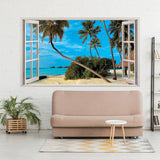 3D window beach view wall sticker featuring palm trees and ocean.