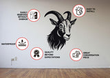 Black stylized goat head wall decal with feature icons for waterproofing and easy application.
