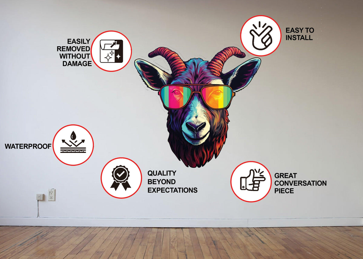 Colorful goat wearing reflective sunglasses wall sticker with waterproof and easy application icons.