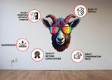 Colorful goat wearing reflective sunglasses wall sticker with waterproof and easy application icons.