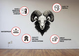 Black and white bighorn ram head wall decal with icons for easy installation, removal and waterproof vinyl.