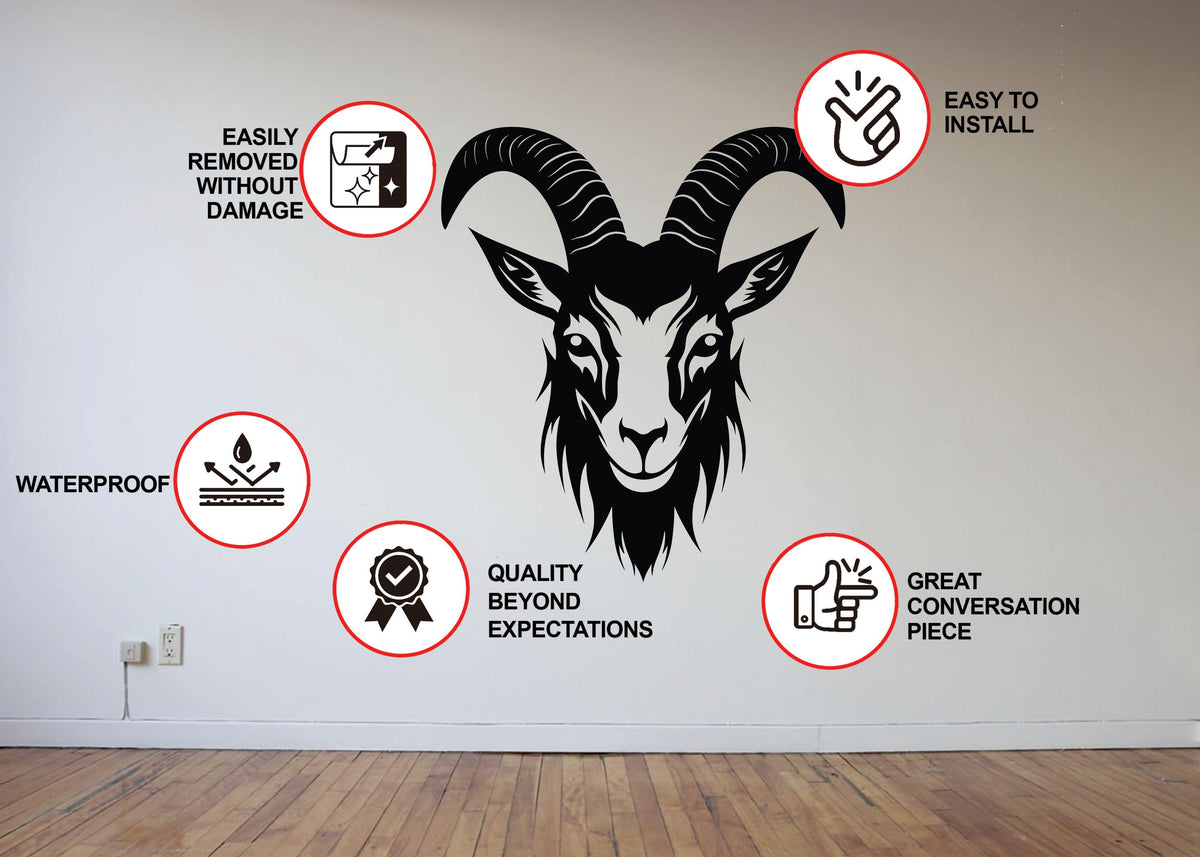 Black goat head silhouette with large curled horns and sticker installation and waterproof icons.