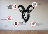 Black goat head silhouette with large curled horns and sticker installation and waterproof icons.