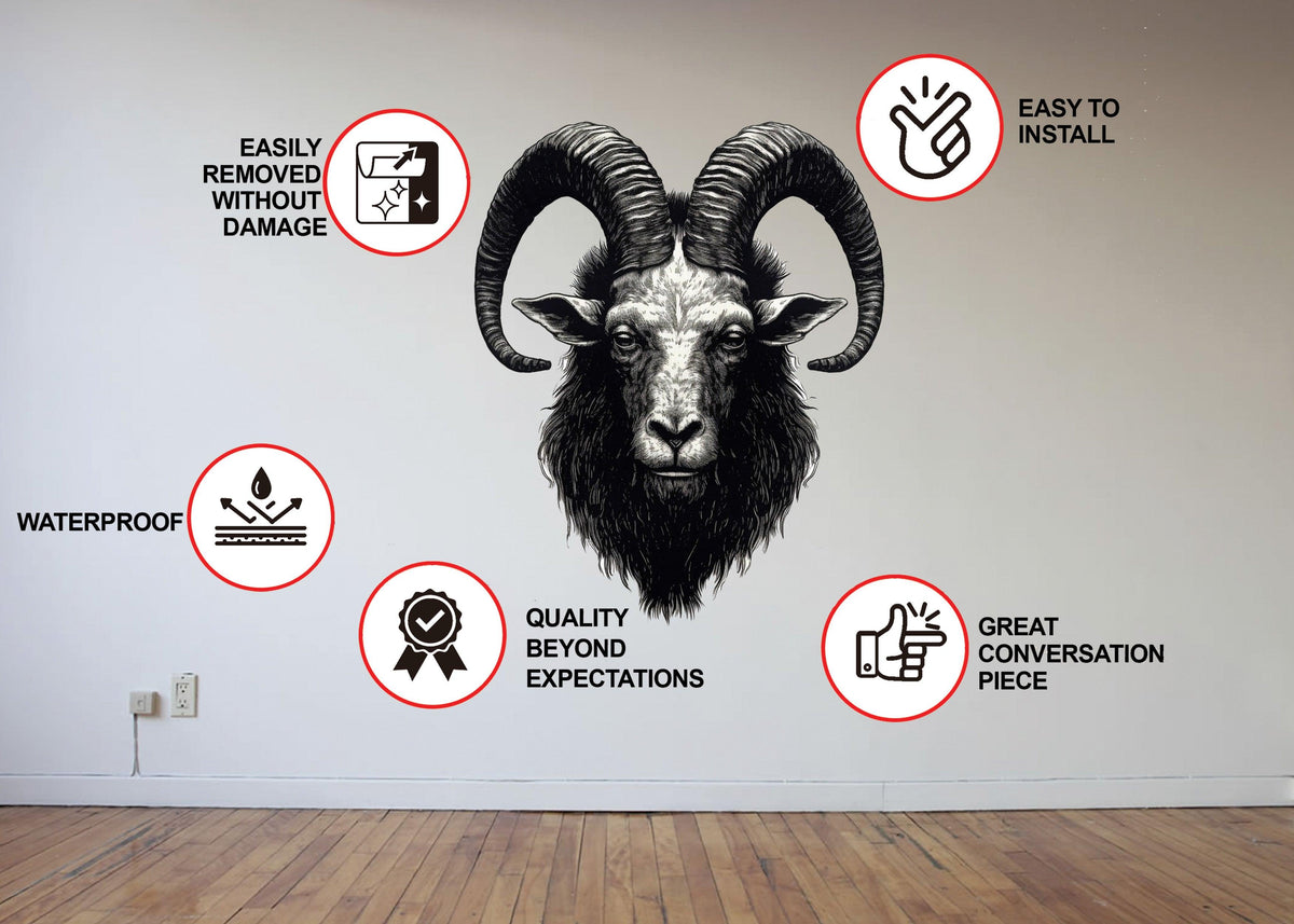 Realistic ram head wall decal with installation benefits and features highlighted on a stylish interior wall.