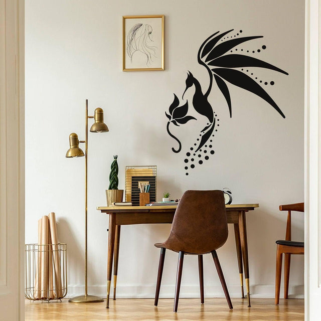 Stylish black bird and flower wall decal in modern home office with desk and chair decor.