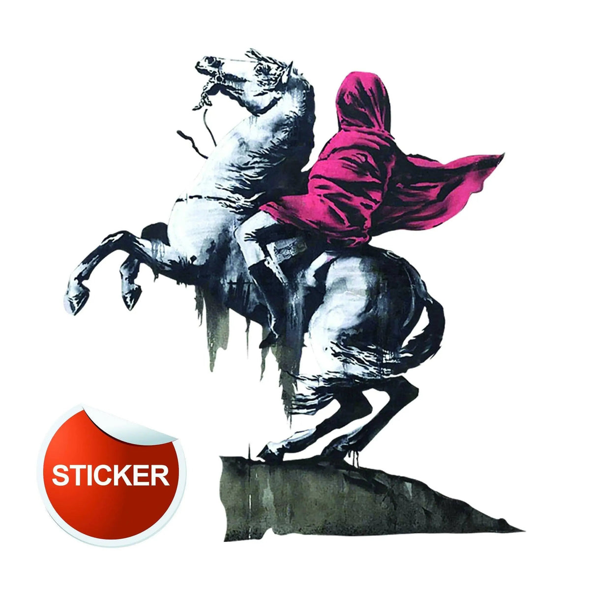 Napoleon vinyl wall art decal showing a horse and rider in a vibrant pink cloak.