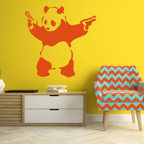 Artistic urban panda wall decal in orange on a vibrant yellow wall, enhancing modern interior design.